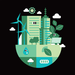 Sustainable Cityscape Green Energy and EcoFriendly Urban Living. smart city. Cute and simple style illustration.