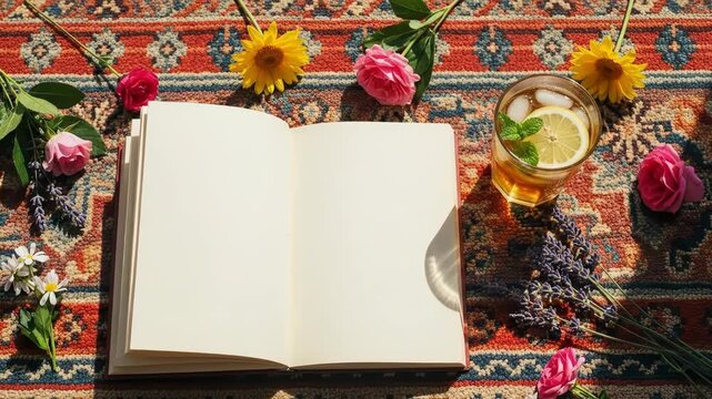 Open book, flowers, and iced tea on a patterned rug on a sunny day