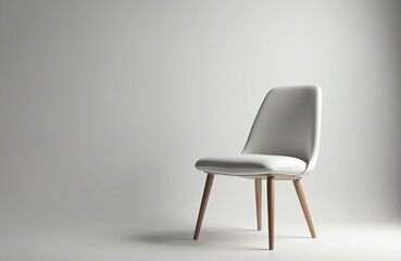 Fototapeta premium Modern white chair with wooden legs stands alone on white floor and wall. Empty seat offers copy space for text on left. Minimalist furniture design for interior, studio settings, or office.