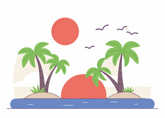 Colorful tropical island sunset scene with green palm trees and blue water