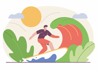 Man surfing on a big ocean wave under sunny sky with stylized tropical foliage