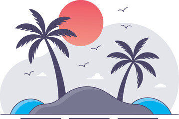 Abstract tropical beach sunset illustration with palm trees and red sun disk