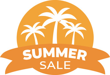 Minimalist summer sale logo with palm trees and sun on transparent background