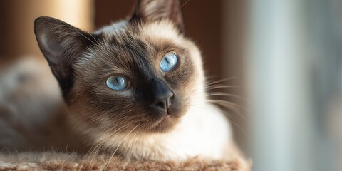 Siamese cat resting by the window in a warm room during daylight hours