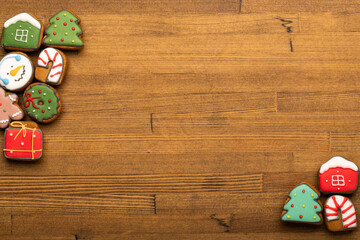 Christmas gingerbread cookies in corners copy space