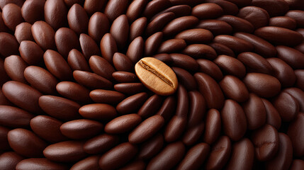 Espresso beans in dynamic motion create swirling pattern with one light bean standing out in center