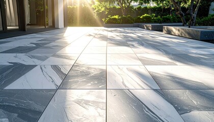 Sunlight Illuminating Modern Courtyard Paved With Gray Stone Tiles Featuring Geometric Patterns and Lush Greenery On A Bright Sunny Day