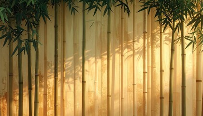 Sunlight filters through tall green bamboo stalks casting long shadows on a textured beige wall creating a serene natural backdrop