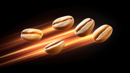 Espresso beans in dynamic motion with glowing light trails on black background creating energetic coffee concept