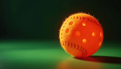 Orange wiffle ball with holes sits on green surface. Light shines on round plastic toy. Shadow casts on dark background. Outdoor backyard fun game.