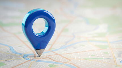 A blue location pin marks a spot on a map for navigation and direction