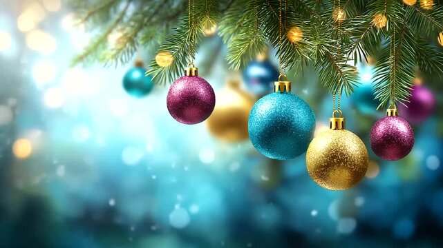 Holiday celebration decoration banner template greeting card, hanging ornament balls and evergreen tree branches, festive display, seasonal decoration defocused, with copy space