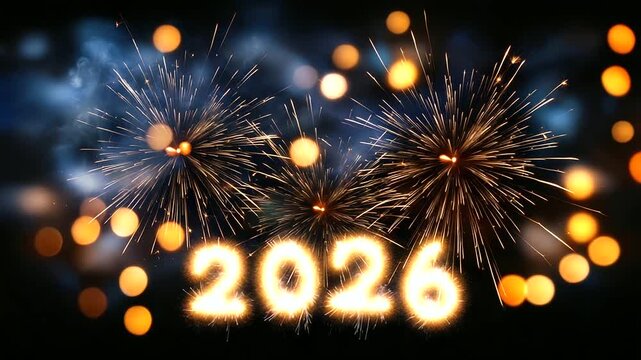 New year celebration greeting card, year 2026 in sparkler font and firework pyrotechnic display, isolated on black night sky background defocused, festive typography, with copy spa