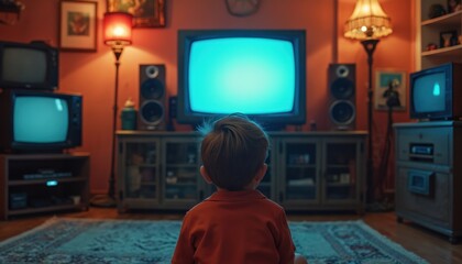 Young boy watches vintage television with glowing screen in dimly lit room. Multiple retro TVs surround him, creating a nostalgic atmosphere of childhood entertainment and old tech.