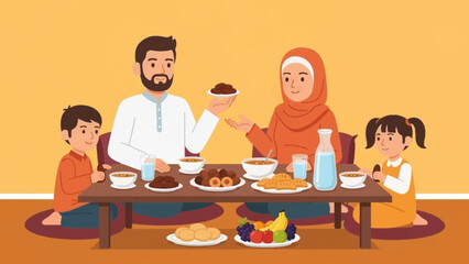 Joyful Ramadhan evening A Muslim family gathers to break their fast with a traditional Iftar meal, celebrating faith and strong family bonds