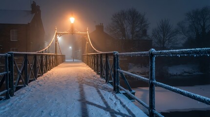 Snow-covered suspension bridge illuminated by a warm street light on a cold winter night.