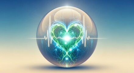 Surreal glowing translucent sphere filled with flowing light veins against an ivory to sky blue gradient. Hopeful sacred concept