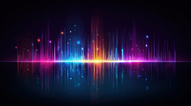 A vibrant digital soundwave visualization with colorful peaks reflecting on a dark background, conveying energy and rhythm.