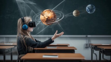 Girl wearing VR headset in classroom interacting with holographic planets and solar system model