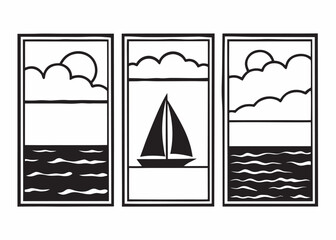 Triptych of nautical sea scenes with sailboat and sun