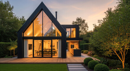 Modern Minimalist House with Warm Evening Lights