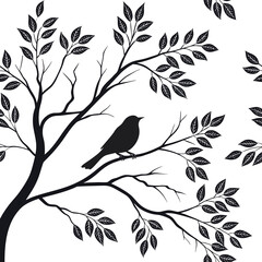 A black and white drawing of a bird sitting on a branch against a white background.