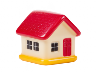Small toy house with red roof, yellow base, and white walls, featuring black windows and red door, isolated on transparency background, evokes playful and cheerful feeling