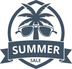 Summer sale monochromatic badge with a palm tree, sunglasses, and ribbon