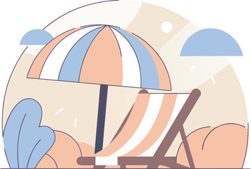 Beach umbrella and striped deck chair with tropical plants under sunshine