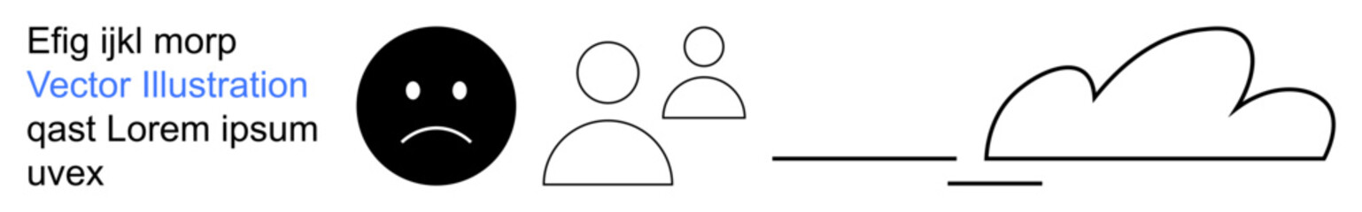 Fototapeta premium Emotions, social interaction, data storage, digital communication, technology, cloud computing. Sad face icon, two user figures and a cloud symbol illustration. Emotions and social interaction