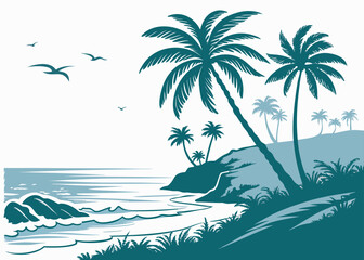 Seascape with palm trees on beach and waves crashing on shore, birds flying in sky