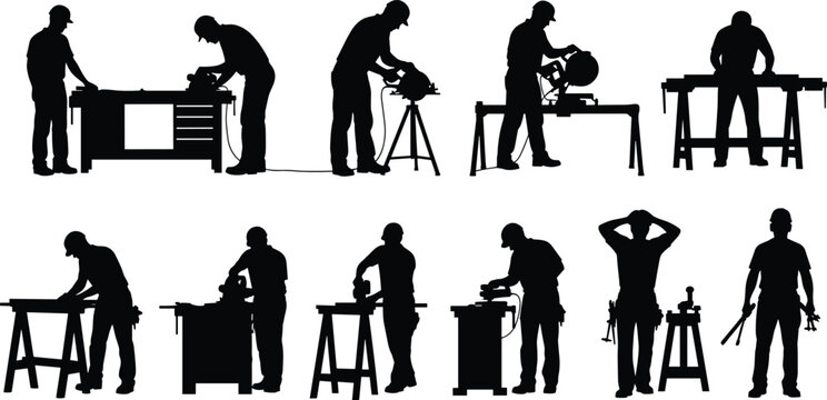 Carpenter and woodworker silhouettes set showing people using power tools woodworking workshop construction industry illustration collection