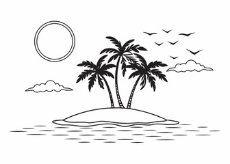Desert island with palm trees and ocean waves, sun and clouds in sky, seagulls flying