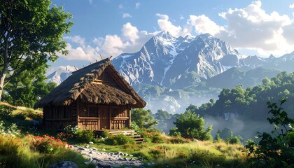 Rustic cabin sits on a grassy hill with mountains and trees under a blue sky filled with puffy white clouds