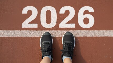 Close-up of running shoes on the starting line with "2026" written in white numbers, symbolizing the concept of New Year's resolutions and a fresh start.