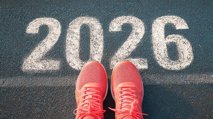 Close-up of running shoes on the starting line with "2026" written in white numbers, symbolizing the concept of New Year's resolutions and a fresh start.