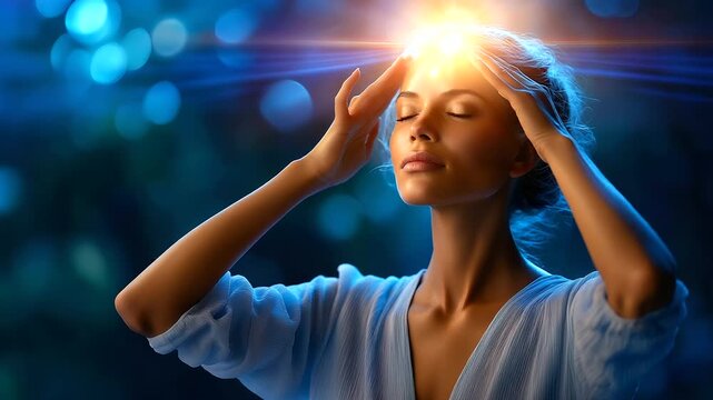 Faceless spiritual woman silhouette practicing third eye meditation, ajna chakra light glowing at the forehead, natural environment, defocused background, with copy space