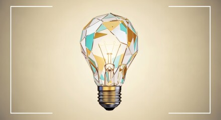 Abstract symbolic lightbulb sculpted from translucent prismatic shards against a smooth ivory gradient. Thoughtful modern concept