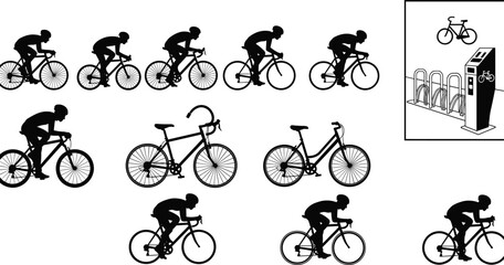 Naklejka premium Cyclist and bicycle silhouettes set showing road bike riders cycling poses bike parking station transport illustration collection