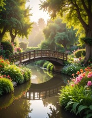 Fototapeta premium Scenic garden with a wooden bridge over a calm stream, bathed in warm, natural light with lush foliage