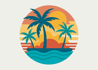 Tropical sunset with palm trees and ocean waves