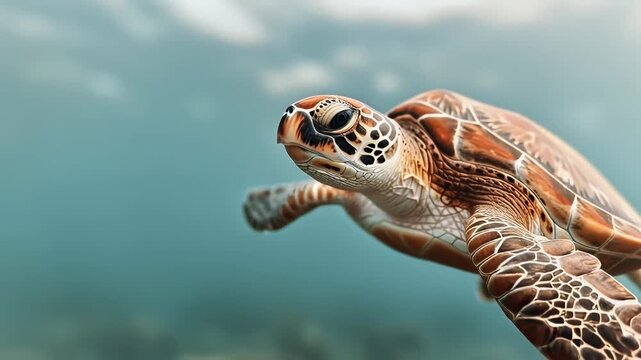 Sea turtle swimming underwater with detailed shell and flippers, vibrant marine animal gliding through calm ocean water, showcasing peaceful aquatic reptile and natural marine life habitat