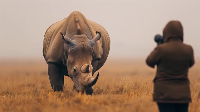 Large rhinoceros grazing and standing in dry grassland with person photographing wildlife, capturing serene and tense close encounter of mammal horn in natural misty environment by photographer