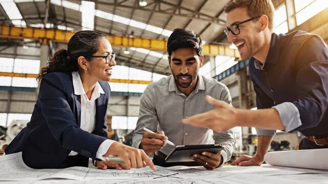 Diverse team collaborating on blueprints and digital tablet in industrial setting