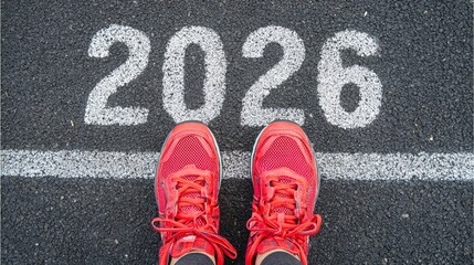 Close-up of running shoes on the starting line with "2026" written in white numbers, symbolizing the concept of New Year's resolutions and a fresh start.