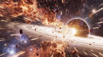 Cosmic explosion and swirling galaxy with asteroid belt, symbolizing the vastness of space and celestial events