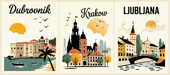 Stylized travel poster triptych featuring Dubrovnik, Krakow, and Ljubljana in minimalist art deco style with geometric architecture and warm modernist colors.