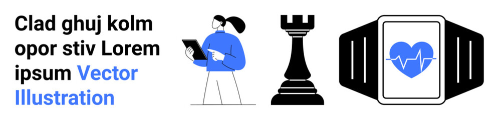 Technology use, strategic planning, personal fitness, digital integration, remote devices, healthcare technology. Woman using tablet, chess rook smartwatch with heart icon. Technology use © robu_s