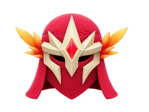 Red helmet fantasy mask gold accents orange feather cosplay accessory heroic style dramatic costume roleplay face guard adventure