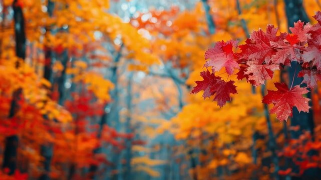 Autumn forest vibrant red orange maple leaf scene sharp focus colorful fall foliage warm peaceful nature tree season atmosphere background